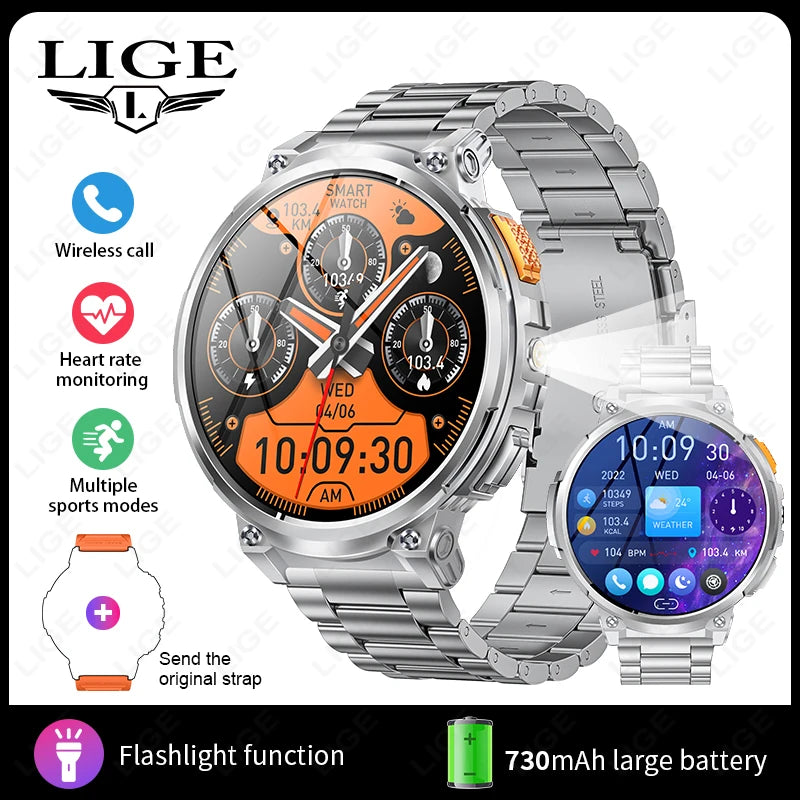 LIGE 1.85” HD Screen LED Flashlight Smart Watch Men 730mAh Large Battery BT Call Man Bracelet Waterproof Fitness Men Smartwatch