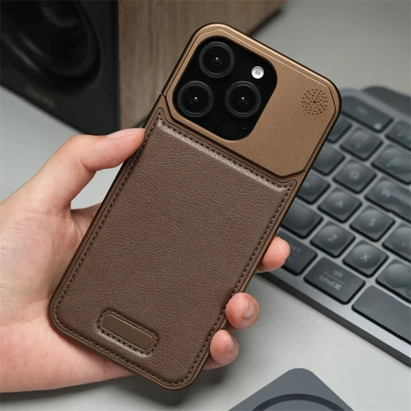 Aluminum Alloy Leather Magnetic Phone Case For iPhone 17 16pro 15 14 Pro Max Wireless Charging Metal Frameless Shockproof Cover