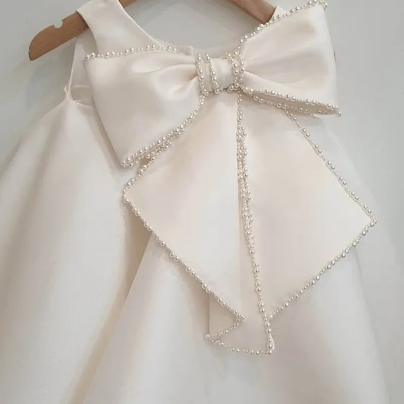 Baby Girl Princess Pearl Bow Silk Dress Sleeveless Infant Toddler Vintage Vestido Party
