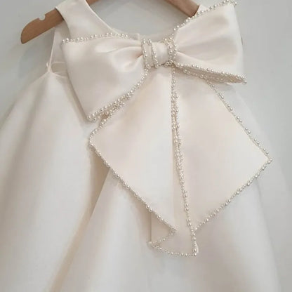 Baby Girl Princess Pearl Bow Silk Dress Sleeveless Infant Toddler Vintage Vestido Party