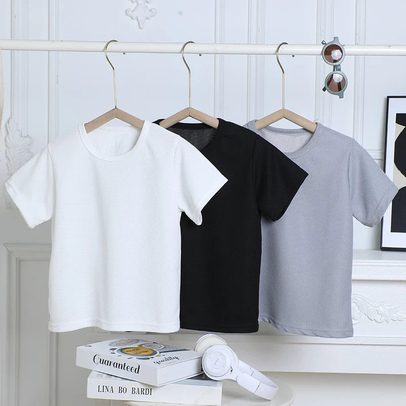 2/3 Pcs Children's Summer Fashion Joker Suit Boy Solid Color Waffle Short Sleeve Girl Joker Breathable Comfort Shorts Beach Pant
