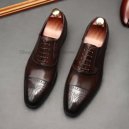 HNXC Luxury Italian Men's Oxford Genuine Leather Shoes Men Dress Shoes Brown Black Cap Toe Lace Up Wedding Business Formal Shoes