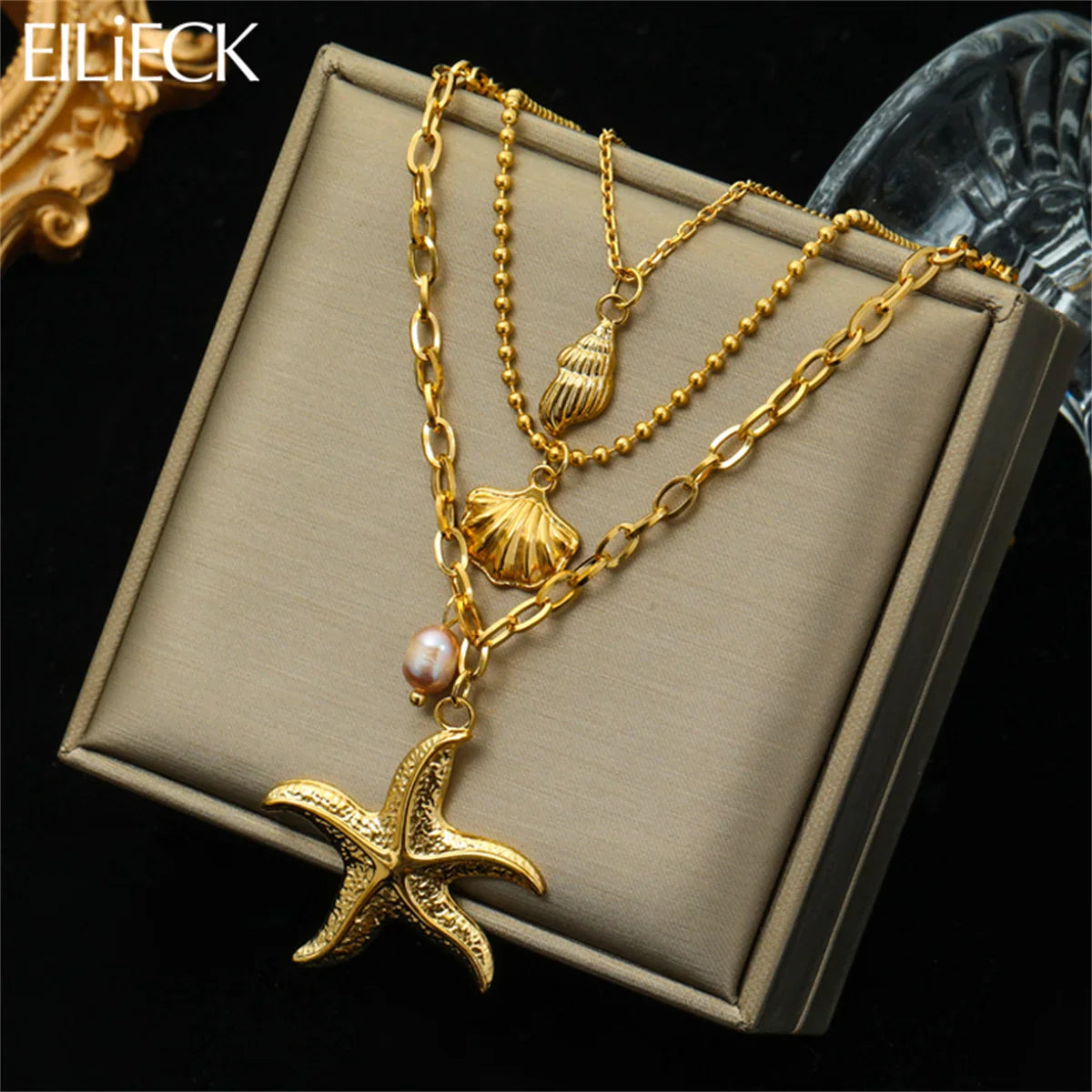 Women's 316L Stainless Steel Starfish Conch Shell Pearl Pendant Necklace 3-in-1 Choker Chain Jewelry Gift