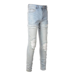 Men Pale Light Blue Biker Jeans Cracked Pleated Patch Patchwork Stretch Denim Pants