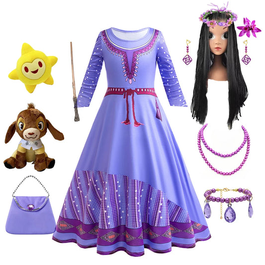 Wish Princess Dress Girls Asha Cosplay Outfits Purple Print Elastic Frocks Kids Long Sleeve Theme Party Sets Fantasy Canival Clo