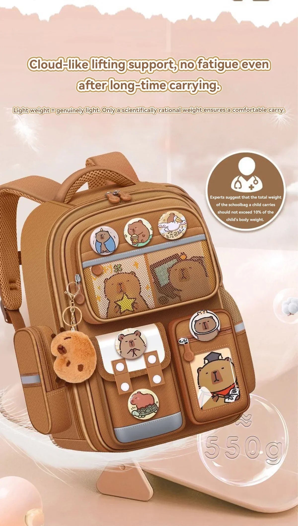 Capybara School Bag Waterproof Backpack Large Capacity Alleviate Burden Protecting Spine Widen Straps Backpack for Students Gift