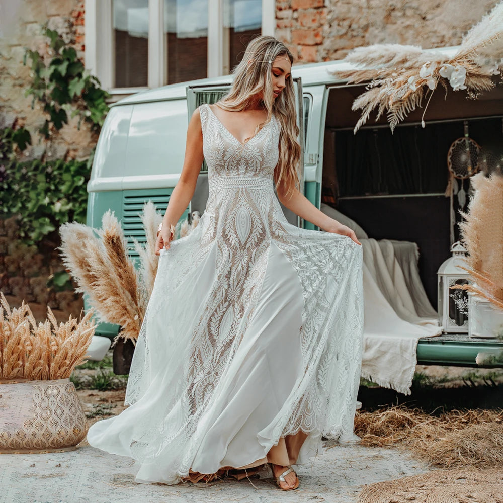 White Bridesmaid Dresses: Boho A Line Wedding Dress Hippie Lace Custom Made V Neck