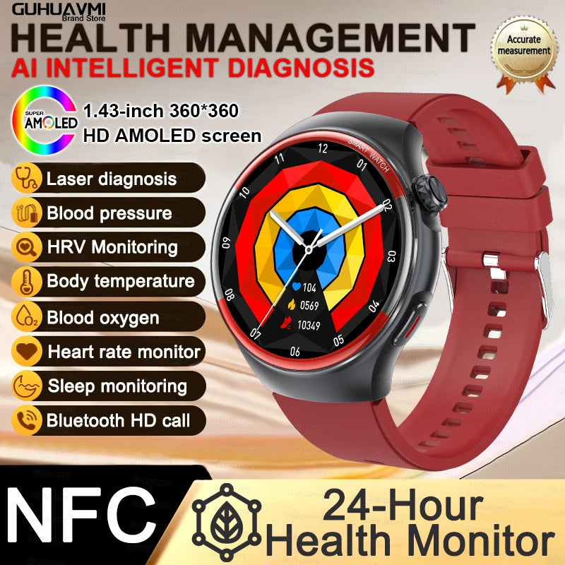 Sapphire Glass Laser Detection Health Smartwatch Men Precise Heart Rate Blood Pressure 150+Sports Bluetooth Call NFC Smart Watch