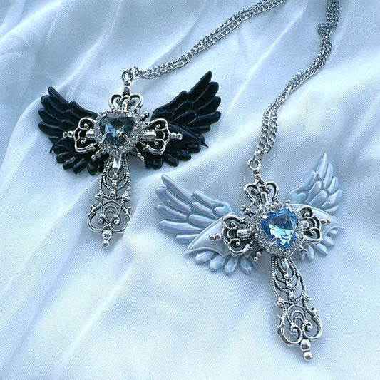 Accessory Wings Cross Pendant Necklace Y2K Jewelry Heart Crystal