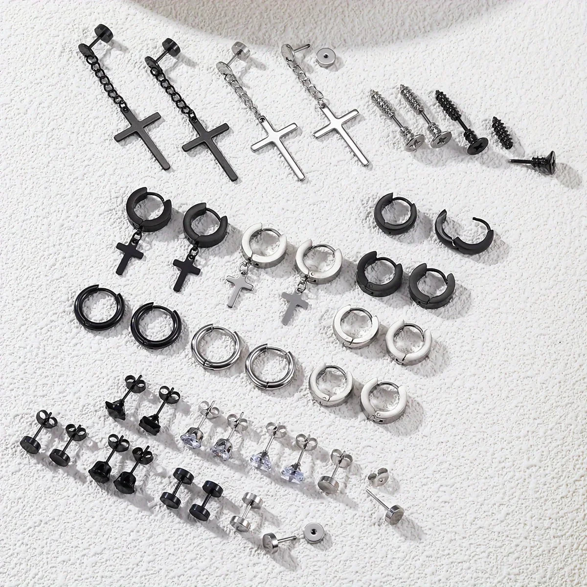 Simple Stainless Steel Zircon Stud Earrings For Men, Cross Pendant Hoop Earrings For Daily Wear