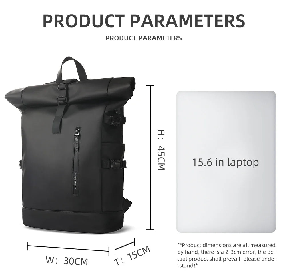 Heroic Knight Men's backpack Waterproof Roll Top Backpack Women Travel Expandable USB Charging Large Capacity Laptop Bag Mochila