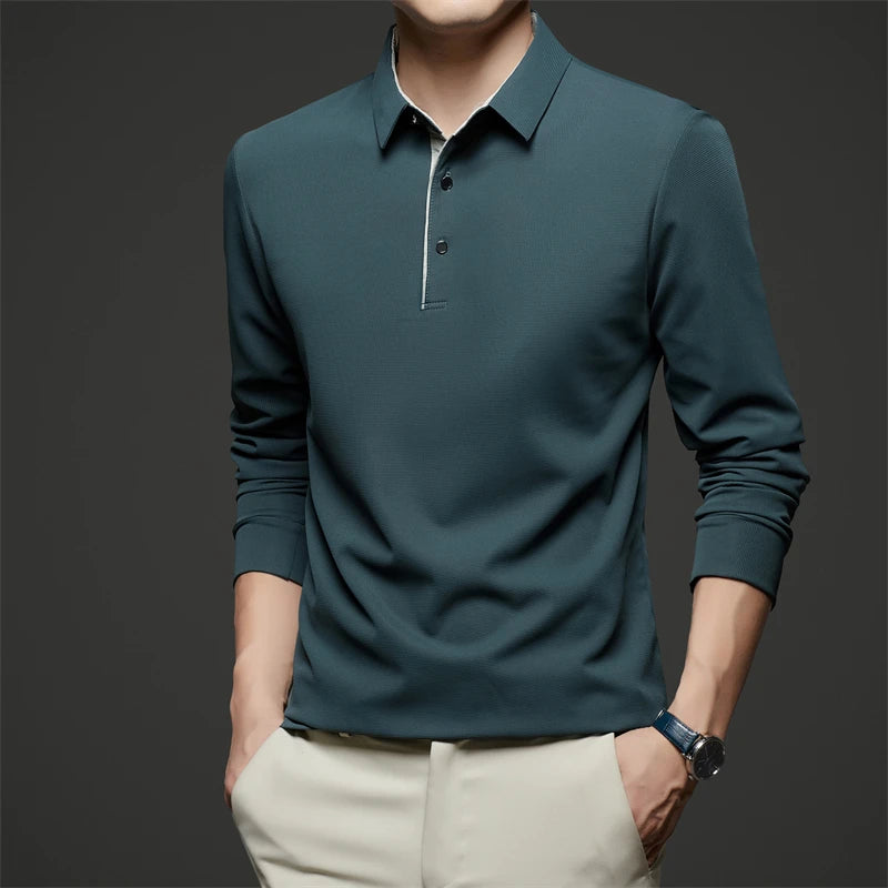 New Men's Business Casual  Long Sleeve Solid Color Polo Shirt Fashionable Warm Comfortable Four Seasons Versatile Top