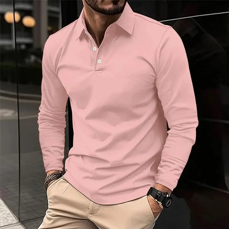 Men's Solid Color Long Sleeved Polo Shirt Spring and Autumn New Product Simple Exquisite Loose and Casual Men's Top