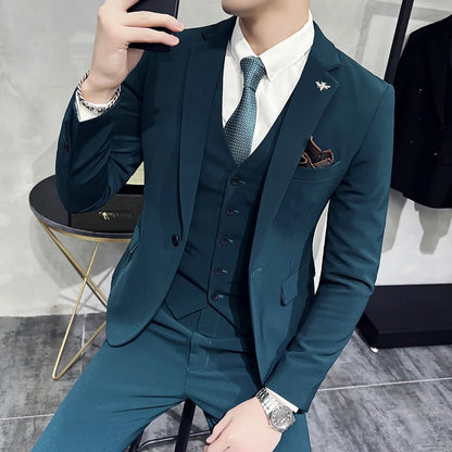 (Jacket + Vest + Pants) High-end Brand Boutique Fashion Solid Color Business Office Mens Casual Business Suit Groom Wedding Gown