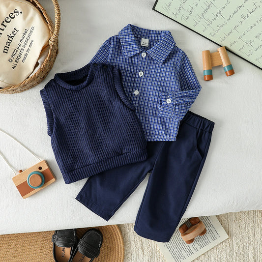 2025 Baby Boys Autumn Thin Gentleman Stripe Long Sleeve Tops +Solid Vest+Pants Three Pieces Set For 1-3Y Formal Clothes