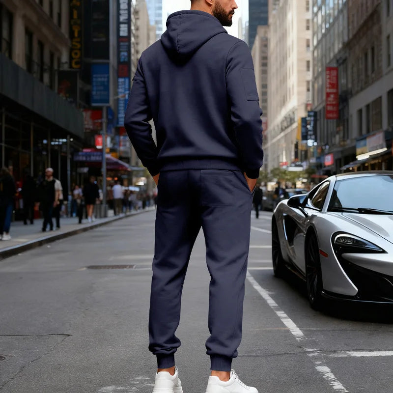 Autumn and winter men's velvet loose casual tooling outdoor sports fashion hooded sweater set