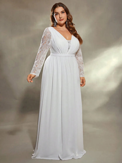 Mgiacy plus size  Deep V shoulder lace long sleeve chest pleated chiffon wedding dress A full skirt Evening gown Ball dress