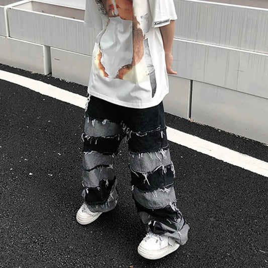 Tassel Jeans Men's Patchwork Wide Leg Lazy Style Hip Hop Loose Denim Pants