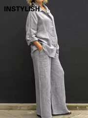 Linen Lapel Two Pieces Set Autumn Vintage Solid Color Long Sleeve Button Shirt