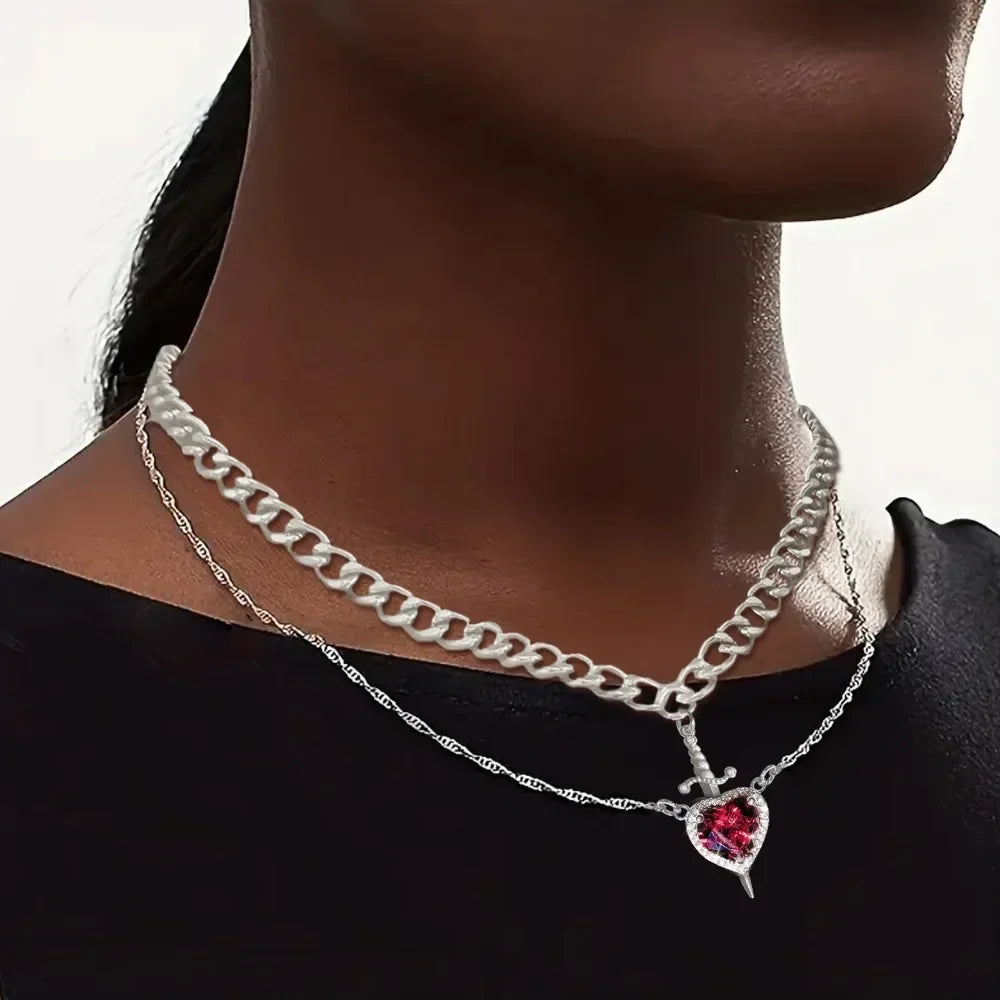 Couple Necklace Heart and Sword Pendant Necklace for Women Gothic Punk Romantic Valentine Day Jewelry Gifts Accessories