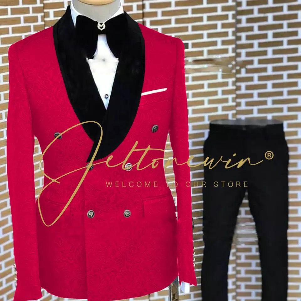 Tuxedo for Mens: Burgundy Jacquard Men Suit Slim Fit Double Breasted Wedding Suits