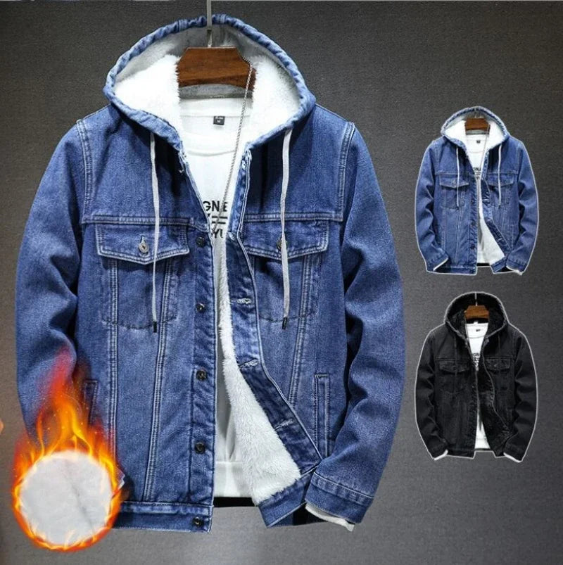 Thicker And Warmer Men's Hooded Denim Jacket Winter Jacket