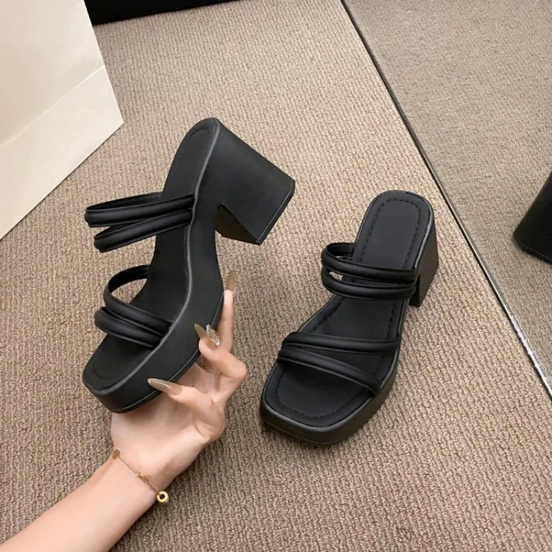Women Sandals Ladies Square Heels Elegant Summer Slippers Outside Cross Tied Leather Female Slides 2024 Fashion Woman Sandals