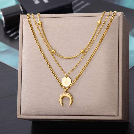 Fashion Moon Pendant Necklaces For Women Stainless Steel Multilayer Gold Plated Chain