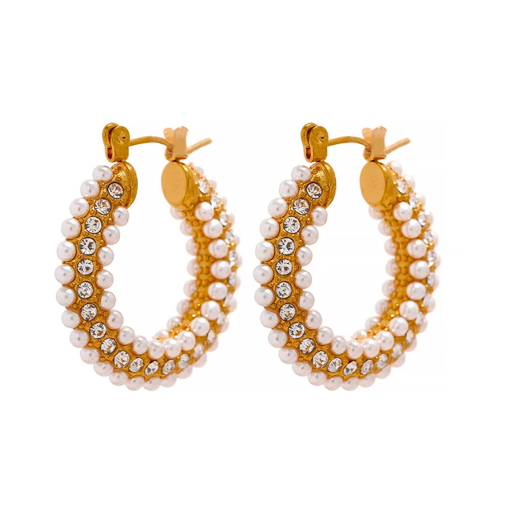 Yhpup Exquisite Luxury Stainless Steel Imitation Pearls Hoop Huggie Earrings Romantic Elegant Fashion Charm Trendy Chic Jewelry