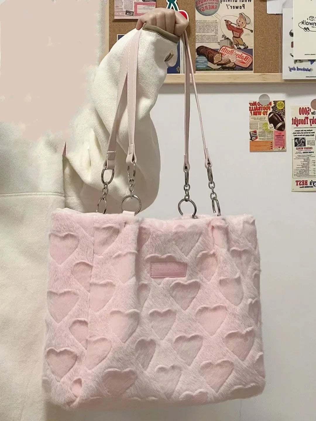 Cute Furry Women's Casual Tote Bags Love Heart Ladies Sweet Shoulder Underarm Bags