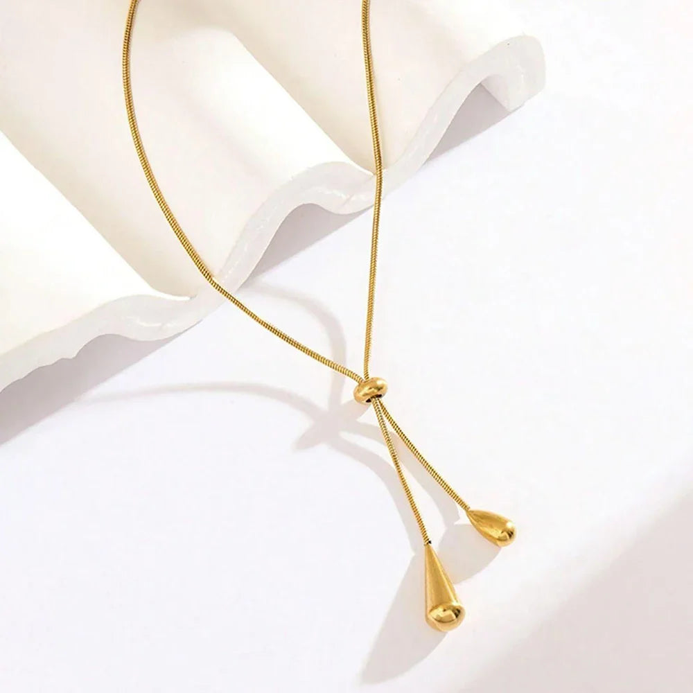 DOTIFI  Stainless Steel Pull Adjustable Water Drop Shape Tassel Charm Necklace Fashion Personality High-Grade Jewelry Gifts