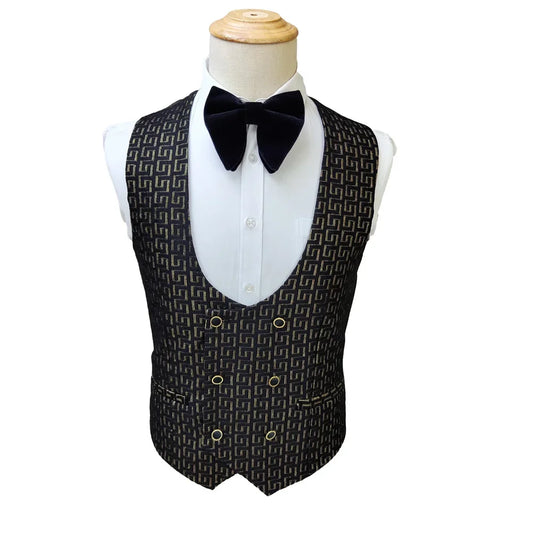 Black and White Men's Suit 3-piece Gold Palace Print Road Wedding Costume Men