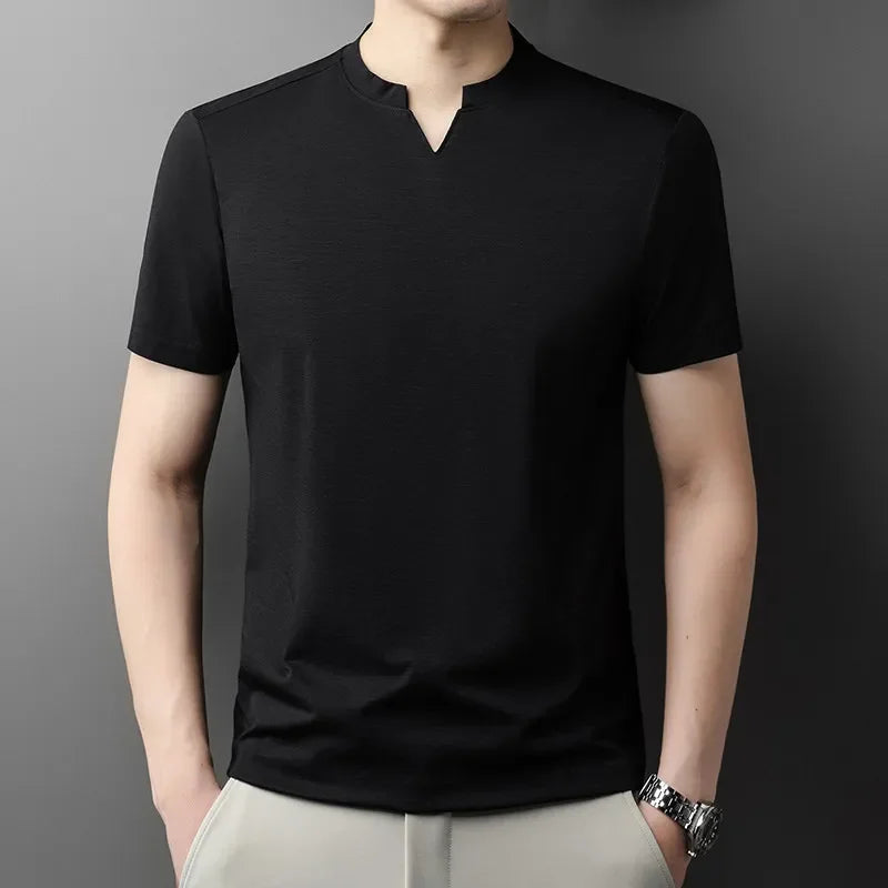 Korean Men's Casual and Fashionable Small V-neck Solid Color Short Sleeved T-shirt Comfortable Summer Versatile Top