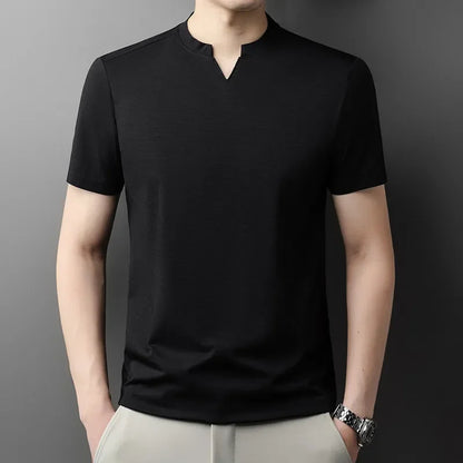 Korean Men's Casual and Fashionable Small V-neck Solid Color Short Sleeved T-shirt Comfortable Summer Versatile Top