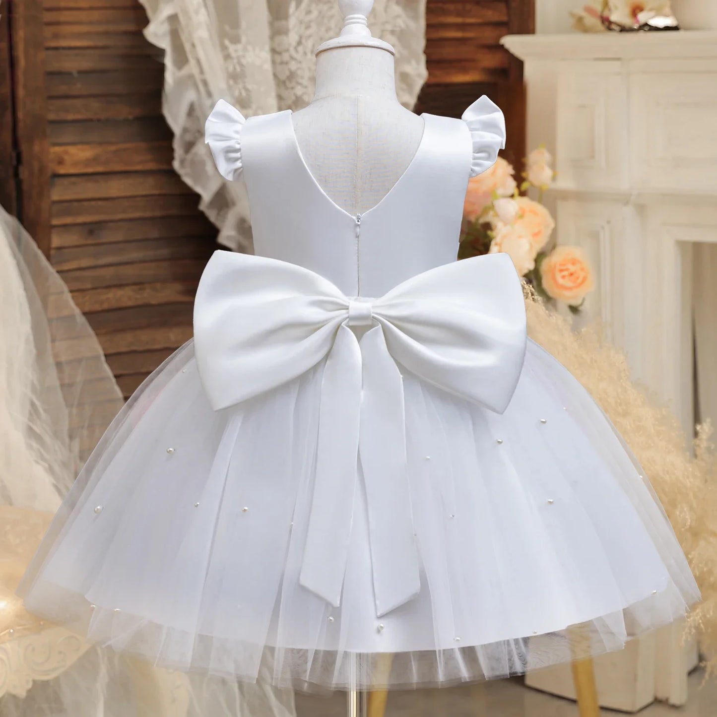 Elegant Pink Fluffy Girl Dresses Birthday Tulle Sleeveless Bow Pearls Princess Wedding Party Gown Kids Piano Performance Costume