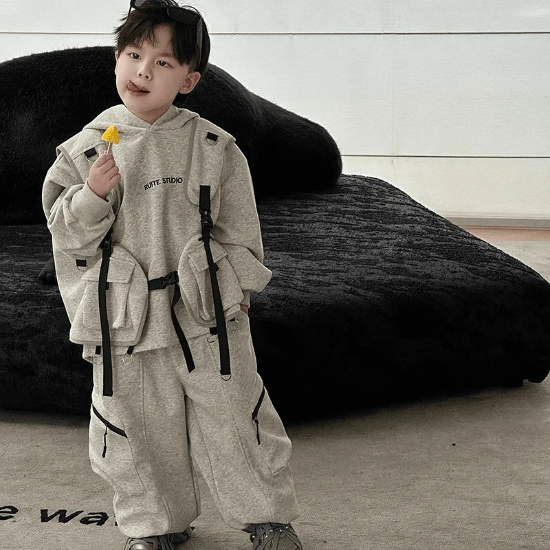 Fashion Boys Suits spring Autumn Pocket Letter Pullover Hooded Top+ Loose Pants 3pcs Kids Sets Casual Sportwear Handsome Clothes