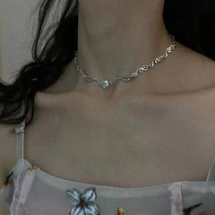 Silver Color Irregular Choker Necklace for Women Love Heart Crystal Clavicle Chain