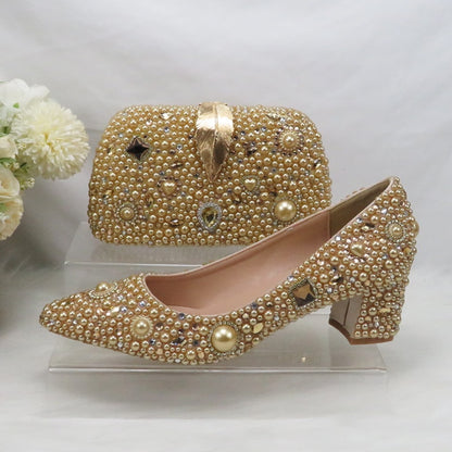 Gold Bridal Wedding shoes with matching bags woman Pointed Toe