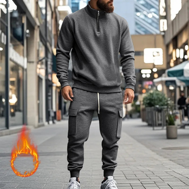 2024 autumn and winter men's casual velvet warm zipper sports trousers set