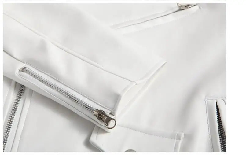 Mens Leather Jackets White Black Casual Lapel Slim Fit Diagonal Zipper