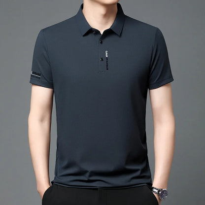 2025 Men's Short Sleeve Solid Color Polo Shirt Breathable Comfortable Elastic Top New Arrivals Casual Business Style