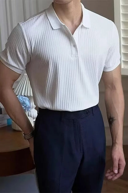 Vertical Stripe Knit Polo Men's Shirts Summer New Slim Solid Color Breathable Turn-Down Collar Business Short Sleeve Polo Tops