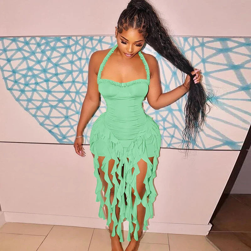 Hugcitar Elegant Halter Solid Ruffles Backless Taseel Sexy Slim Mini Dress Spring Women Cute Outfits Birthday Party Vacation