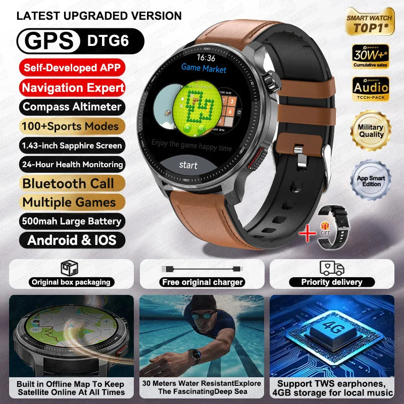 NEW GPS Offline Maps Smart Watch 1.43" AMOLED Military Sports Smartwatch 4GB Memory Video Player 30m Swim Waterproof Bracelet