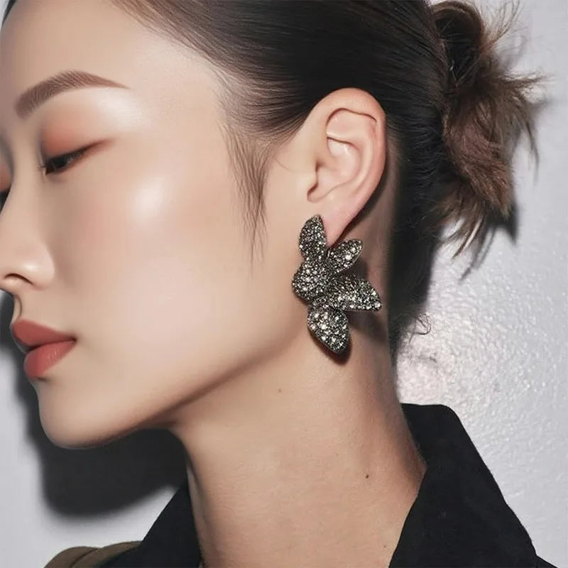 ZAA Vintage Gothic Black Rhinestone Flower Earrings for Women Fashion Holiday Party Jewelry Gifts New