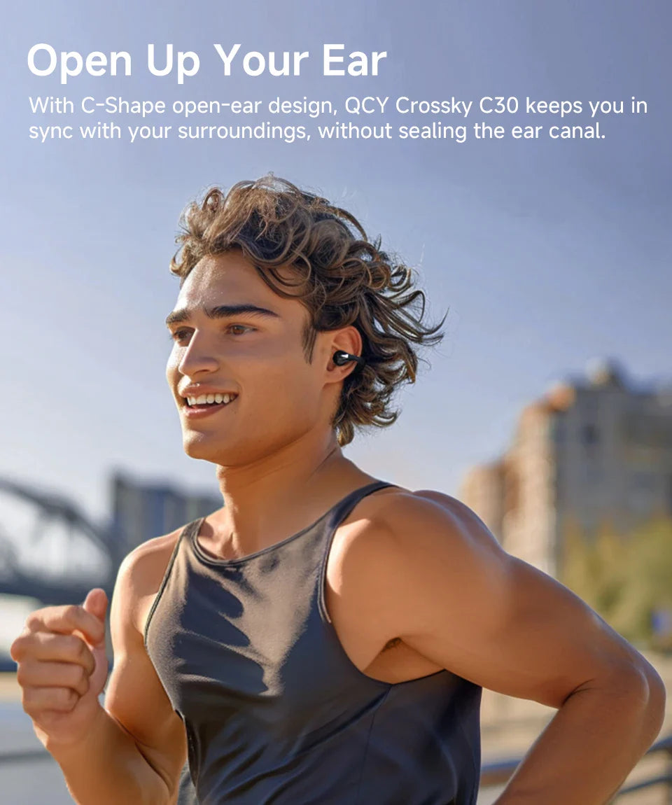 QCY Crossky C30 Open Ear Wireless Earphones Bluetooth 5.4 Spatial Audio Stable Fit OWS Earbuds 4 Mic ENC Multi-Point Connection