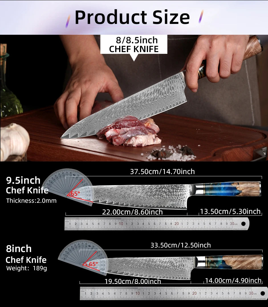 Kitchen Knives-Set Damascus Steel VG10 Chef Knife Cleaver Paring Bread Knife Blue