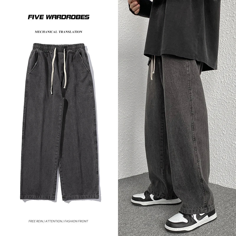 Oversized 5XL Men's Wide-leg Jeans Spring Black Gray Fashion Baggy