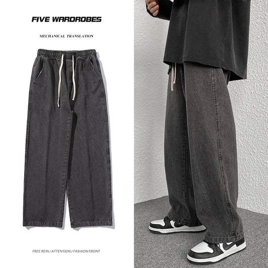 Oversized 5XL Men's Wide-leg Jeans Spring Black Gray Fashion Baggy