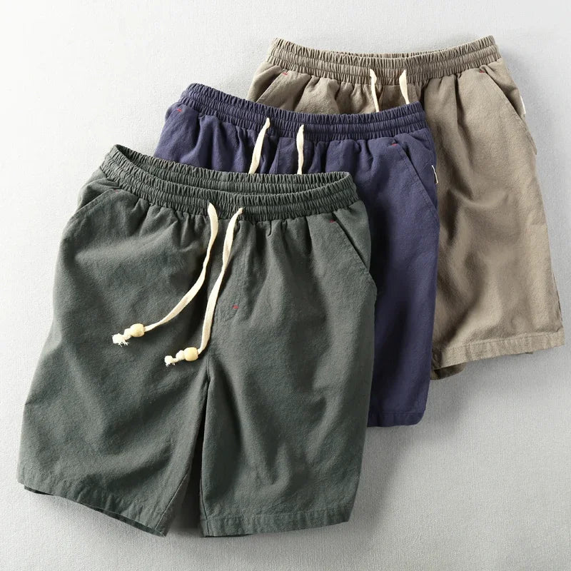 Schinteon Summer Men Casual Cotton Linen Shorts Knee Length Beach Elastic Waist Shorts Solid Color Comfortable Pants New